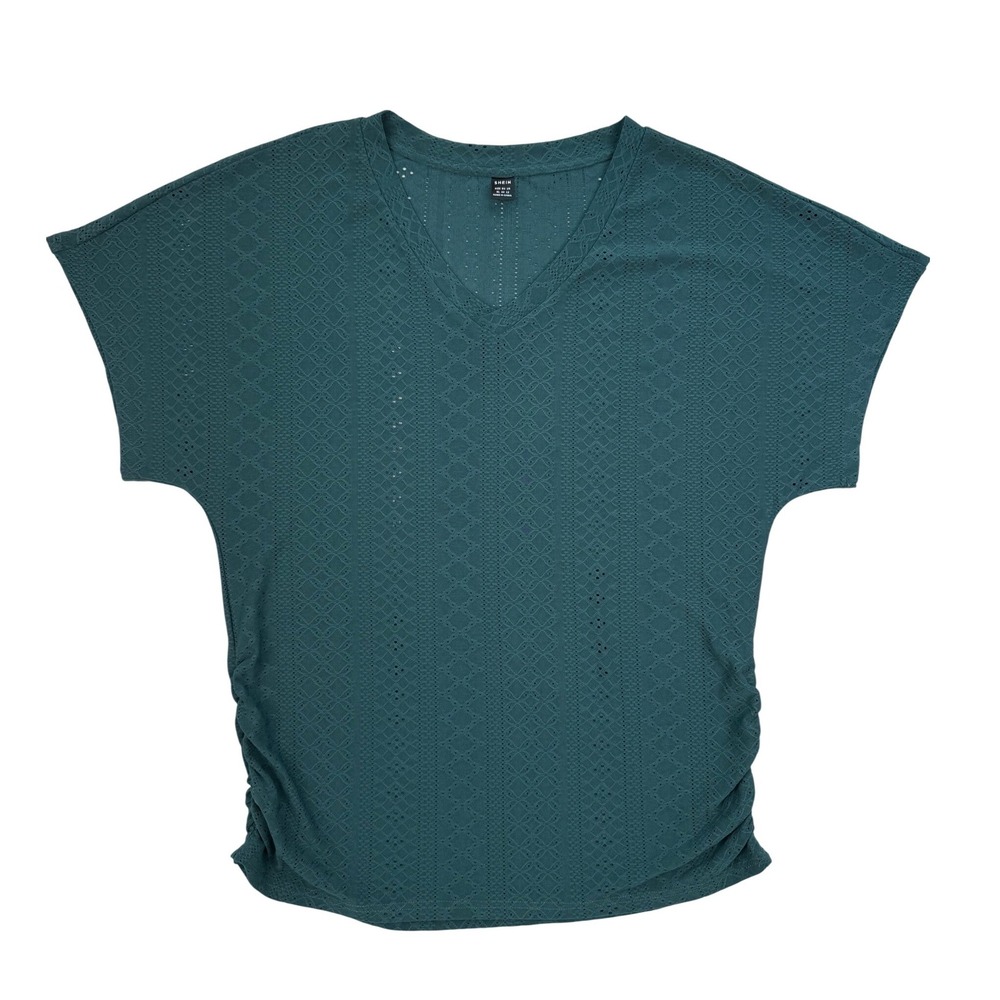 Shein Womens XL Teal Green Pointelle Eyelet Ruched Side V-Neck Short Sleeve Top